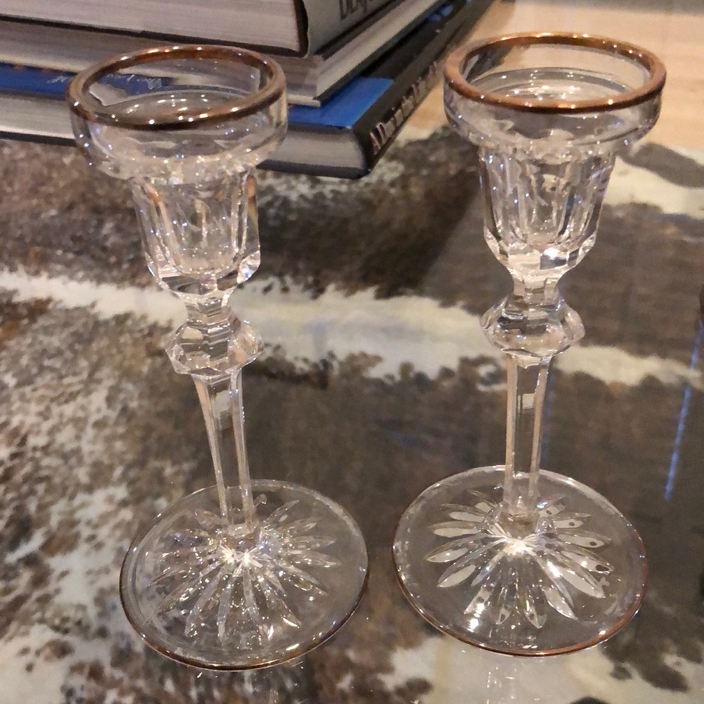 CRYSTAL GOLD RIMMED CANDLESTICKS EC
